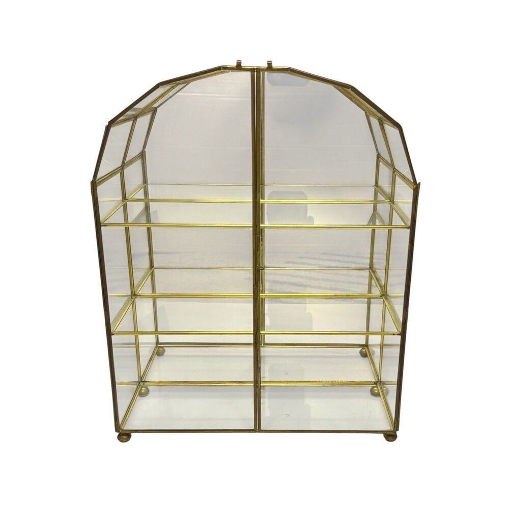 Glass Metal Rectangular Display Box with Shelves Gold Antique for Collectibles